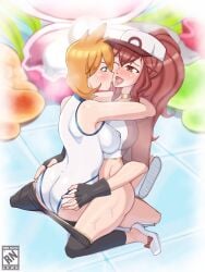 2girls anna_(fire_emblem) ass asymmetrical_hair baseball_cap blonde_hair blonde_hair_on_red_hair blonde_hair_top blue_eyes blush bottomless breasts brown_eyes brown_hair caprednahu clothed clothes_pull clothing competition_swimsuit creatures_(company) domination duo eye_contact female female_focus fingerless_gloves fire_emblem food french_kiss game_freak gloves green_eyes groping gym_leader hat high_heels highres human kasumi_(pokemon) kissing kneeling large_breasts leg_lock leggings light-skinned_female light_hair_on_dark_hair light_skin long_hair looking_at_another looking_at_viewer misty_(pokemon_hgss) multiple_girls nintendo one-piece_swimsuit one_eye_closed open_mouth orange_hair original pants partially_clothed poke_ball pokemon pokemon_gsc pokemon_hgss pokemon_rgby ponytail red_hair red_hair_bottom saliva shoes short_hair shorts side_ponytail spread_legs straddling sweat swimsuit thick_thighs thighs tongue tongue_out upright_straddle yuri