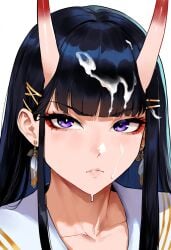 ai_generated azur_lane black_hair cum cum_on_face neutral_expression noshiro_(azur_lane) purple_eyes