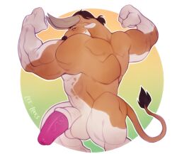 anthro balls bovid bovine cattle flexing flexing_bicep genitals hi_res horn leelikessmut male mammal muscular muscular_anthro muscular_male penis solo tail vein veiny_penis