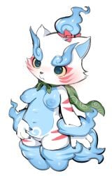 absurd_res anthro areola asian_mythology blue_body blue_fur blush breasts east_asian_mythology female foo_dog fur hi_res japanese_mythology komainu komane level-5 mammal markings mythology nipples nude oposa red_markings simple_background solo white_background white_body yo-kai_watch youkai youkai_watch