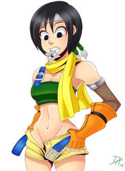 1girls belt belt_buckle biting_shuriken black_hair dalley_le_alpha disney eyebrows eyelashes female female_only final_fantasy final_fantasy_vii fingerless_gloves hair handwear holding holding_in_mouth holding_pants human in_mouth kingdom_hearts looking_down navel ninja no_panties pants scarf sexually_suggestive short_hair short_pants shuriken simple_background solo square_enix strap teeth teeth_clenched tomboy top unbuckled_belt unbuttoned_shorts undressing weapon yellow_scarf yuffie_kisaragi