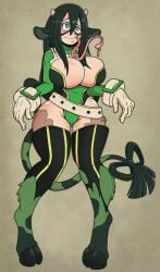 alternate_breast_size brain_drain cow_girl cow_print hero_outfit_(mha) hypnosis identity_death mind_control my_hero_academia transformation tsuyu_asui unaware wrenzephyr2