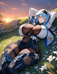 ai_generated alternate_breast_size armor breasts breasts_apart cape closed_eyes detailed_background eula_(genshin_impact) evening expressionless female flowers genshin_impact gigantic_breasts grass huge_breasts leggings lying mihoyo narrow_waist on_back outdoors sagging_breasts stable_diffusion sunset thick_thighs video_games wide_hips xenomon