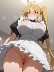 ai_generated amakusa_normal bare_thighs blonde_hair blush bocchi_the_rock! brown_eyes embarrassed gigantic_breasts huge_breasts huge_thighs ijichi_nijika light-skinned_female light_skin maid_headdress maid_outfit maid_uniform massive_breasts no_panties oiled_body oiled_skin presenting_pussy side_ponytail solo_female squatting sweat sweatdrop thick_thighs thighs voluptuous voluptuous_female