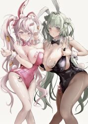 2girls alice_(nikke) alice_(wonderland_bunny)_(nikke) blush breast_press bunny_ears bunnysuit cameltoe cleavage female_only goddess_of_victory:_nikke green_hair hanging_breasts huge_breasts large_breasts long_hair open_mouth pink_eyes purple_eyes soda_(nikke) soda_(twinkling_bunny)_(nikke) twintails white_background white_hair