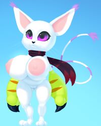 absurd_res anthro areola bandai_namco big_areola big_breasts breasts claw_(weapon) dibujosv12 digimon digimon_(species) female gatomon genitals hi_res huge_breasts melee_weapon nude paws purple_eyes pussy scarf short_stack simple_background solo weapon