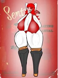 2d arms_behind_head arms_up background big_thighs bikini bizzarekatze blush huge_breasts milk mimi_sentry red_hair robot_girl robotic_leg saliva_string sentry_(team_fortress_2) sentry_turret sharp_teeth solo sweating team_fortress_2 tf2 tongue_out valve valve_(company)