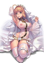 1girls areolae armpits arms_above_head arms_up bangs belt blonde_hair bodysuit breasts bridal_gauntlets bridal_veil bride center_opening chain chains detached_sleeves eyebrows_visible_through_hair fate/extra fate/extra_ccc fate/grand_order fate_(series) female female_only flower full-length_zipper green_eyes hair_flower halterneck head_wreath high_heels highres large_breasts leotard lock looking_at_viewer loose_belt necklace nero_claudius_(bride) nipples nipples_visible_through_clothing no_bra no_panties padlock parted_lips revealing_clothes rhasta see-through showgirl_skirt skindentation smile solo stockings thick_thighs veil wedding_dress wedding_veil wet wet_clothes white_background white_bodysuit white_leotard white_skin white_sleeves wide_hips zipper zipper_pull_tab