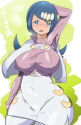 1girls aether_foundation alternate_outfit arm_up blue_eyes blue_hair blush breasts busty cloroxformius clothed clothes cosplay erect_nipples female female_only freckles green_background half-closed_eyes heavy_breathing huge_breasts human human_only lana's_mother_(pokemon) long_hair milf mob_face mother nintendo open_mouth pokemon pokemon_sm solo sweater teeth thick_thighs tongue white_border wicke_(pokemon)_(cosplay) wide_hips