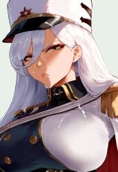 ai_generated azur_lane cum cum_on_face kirov_(azur_lane) neutral_expression uniform upset white_hair yellow_eyes