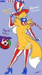 4th_of_july american_flag_armwear american_flag_hat american_flag_headwear american_flag_high_heels american_flag_legwear american_flag_thigh_highs anthro ass bandai_namco big_breasts big_butt blush blushing breasts breasts_out butt canid canine digimon digimon_(species) digimon_tamers duo fakeryway female fox heart_eyes heart_symbol hi_res holidays humanoid imp impmon male male/female mammal mostly_nude mostly_nude_anthro pleasure_castle renamon rn4th_of_july rnamerican_flag_clothing rncanid rnhi_res thick_thighs vixen