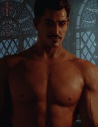 1boy 3d 3d_artwork 3d_model abs bara beauty_mark biceps black_hair dark-skinned_male dark_hair dark_skin dorian_pavus dragon_age dragon_age_inquisition facial_hair gay_male human human_only looking_at_viewer mage male male_only medieval mole moustache muscles muscular muscular_male night nipples pecs shirtless shirtless_male solo solo_male veiny_muscles video_games window windows