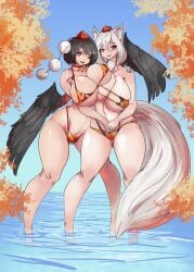 2d 2girls bare_shoulders barefoot belly belly_button big_breasts bikini bikini_only black_hair breast_on_breasts breasts breasts_bigger_than_head breasts_pressed_together choker cleavage crow_wings day duo female female_only greenm hand_on_hip hand_on_shoulder hands_behind_back hands_together hips huge_breasts hugging large_breasts looking_at_viewer momiji_inubashiri multiple_girls open_mouth outdoors pom_poms red_eyes shameimaru_aya short_hair smile source standing swimsuit tengu thick_thighs thighs tokin_hat touhou water white_hair wide_hips wings wolf wolf_ears wolf_girl wolf_tail yokai youkai