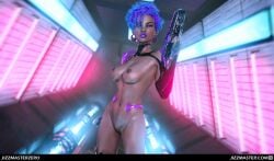 3d 3d_render african_female artist_name blurry blurry_background breasts casual choker clothing cowboy_shot curly_hair dark_skin daz_studio earrings female female_only finger_on_trigger firearm gloves glowing gun hand_up handgun high_resolution holding holding_gun holding_object holding_weapon human jewelry jizzmasterzero letterboxed multicolored_hair neon_lights nipples nudist original original_character paid_reward parted_lips science_fiction shaved_pubic_hair short_hair solo submachine_gun subscribestar_reward two-tone_hair very_high_resolution villianess weapon web_address