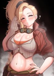 1girls big_breasts blonde_hair blue_eyes blush blushing breasts busty capcom cleavage curvaceous curvy curvy_body curvy_female curvy_figure female gemma_(monster_hunter_wilds) hands_on_hip huge_breasts large_breasts laxiusart monster_hunter monster_hunter_wilds sweat sweatdrop sweating sweaty sweaty_breasts voluptuous