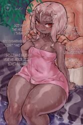 1boy 1girls bare_shoulders blush bottom_heavy breasts calamitas calamity_mod dark-skinned_female dark_skin english_text female high_resolution horns hot_spring light-skinned_male looking_at_another male massage muscular muscular_male nervous no_bra no_panties ourobot perfect_body red_eyes shortstack small_breasts steam steaming_body sweat sweatdrop sweating tagme terraria text thick_thighs thighhighs thighs towel towel_only very_high_resolution water wet white_hair wide_hips