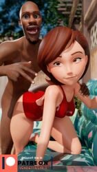 1girls 3d blender breasts cheating_wife clothed clothed_female clothed_female_nude_male clothing curvy dark-skinned_male dark_skin disney female helen_parr imminent_sex interracial kneeling looking_at_viewer looking_back lucius_best male male/female mature_female milf naked naked_male nude nude_male outdoors pixar smile standing swimsuit the_incredibles vendettagirls