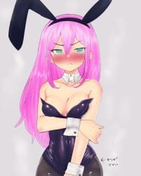 aroma_ga_umaize aubrey_(omori) blue_eyes blush bunny_ears bunny_girl choker covered_navel embarrassed long_hair medium_breasts omori pink_hair playboy_bunny sweat