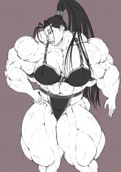 1girls alternate_muscle_size bra broad_shoulders brown_background fudgex02 hair_pulled_back high_ponytail hyper_muscles ibuki_(street_fighter) large_breasts lips long_hair monochrome muscular_arms muscular_female muscular_legs muscular_neck panties pecs pectorals standing street_fighter thick_thighs vein veiny_muscles
