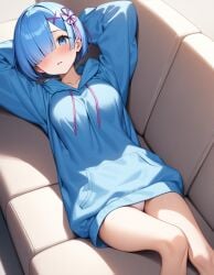 1girls ai_generated arms_behind_head blue_eyes blue_hair blush blushed couch hair_ornament hoodie kslgsnb looking_at_viewer medium_breasts oversized_clothes panties re:zero_kara_hajimeru_isekai_seikatsu rem_(re:zero) thighs yodayo