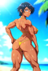 1girls abs ass athletic athletic_female beach bikini black_hair blue_eyes breasts female female_only looking_at_viewer looking_back muscular muscular_back muscular_female oc short_hair solo solo_female sweat tan tan_body tan_skin thighs tomboy tumami yellow_bikini