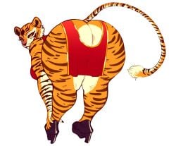 anthro anus ass big_butt breasts clothing felid female fur hi_res huge_butt looking_at_viewer looking_back mammal markings nocturne_(artist) nocturne_nsfw orange_body orange_fur pantherine rear_view simple_background solo striped_body striped_fur stripes tail tan_body tan_fur tiger