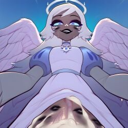 1futa ai_generated angel angel_wings artist_request big_penis blue_eyes breasts cum cum_in_viewer cumming_in_viewer dark-skinned_futanari dark_skin dirty_dan emily_(hazbin_hotel) fellatio futa_only futanari grabbing_head halo hazbin_hotel hi_res kiss_mark_on_penis lipstick lipstick_mark looking_at_viewer oral penis pov smile smug smug_grin sweat taker_pov thick_thighs white_hair