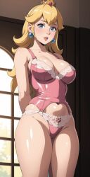 1girls ai_generated artist_request blonde_hair blue_eyes bustier crown large_breasts lingerie long_hair looking_at_viewer mario_(series) nintendo pink_lingerie princess_peach thighs thong
