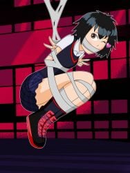 black_hair blush blushing_at_viewer bondage bound bound_arms bound_legs brown_eyes female female_focus female_only first_post_of_artist gag gagged landeram looking_at_viewer marvel one_eye_closed peni_parker school_uniform schoolgirl spider-man:_across_the_spider-verse spider-man:_into_the_spider-verse spider-man_(series) suspended_in_midair suspension tape tape_bondage tape_gag taped_mouth thighs