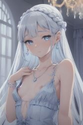 1girls ai_generated anime_nose bare_chest blue_dress blue_eyes braless breasts cute elegant elegant_dress exposed_breasts female female_only flat_chest grey_hair human jewelry looking_at_viewer nipples no_visible_genitalia princess small_breasts solo stable_diffusion waist_up