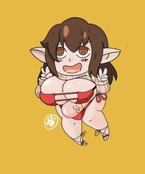 bbw big_breasts bikini brown_hair chibi elf futanari intersex naked riko_(teterun) sandals small_but_hung solo sweater vivid_daze