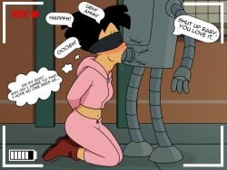 1girl 1girls alley alleyway amy_wong bender_bending_rodriguez black_hair blindfold blindfolded blindfolded_female blowjob c-dragons_(artist) cheek_bulge drool english_dialogue english_text futurama spit text text_bubble