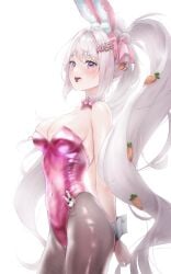 1girls alice_(nikke) alice_(wonderland_bunny)_(nikke) arms_behind_back blush breasts bunny_ears bunnysuit cleavage female female_only from_side fully_clothed goddess_of_victory:_nikke open_mouth pink_eyes revealing_clothes shiny_clothes tight_clothing twintails upper_teeth white_background white_hair