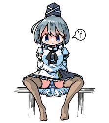 ? blue_eyes female grey_hair hat kasuya_baian looking_at_viewer mononobe_no_futo panties sitting_on_fence speech_bubble striped_clothes striped_panties touhou underwear