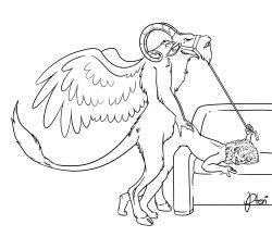 absurd_res anthro bondage bovid caprine caprine_demon demon goat_demon halter hi_res horn human leash line_art mammal muzzle_(disambiguation) pteri_(artist) wings