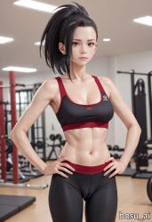 ai_generated black_hair bosu_ai cameltoe gym gym_uniform hands_on_hips midriff momo_yaoyorozu my_hero_academia navel sports_bra sportswear standing sweat sweating sweaty weights workout workout_clothes yaoyorozu_momo yoga_pants