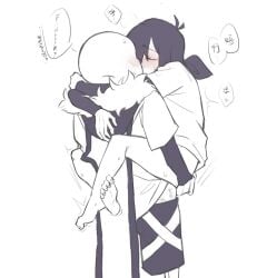 ambiguous_penetration black_hair blush clothed_sex cross_sans dubious_consent frisk_au gay half-dressed hesong2003 male/male purple_hair sans sans_au skeleton translation_request twitching undertale_(series) undertale_au undertale_fanfiction underverse white_body xfrisk xtale yaoi younger_human