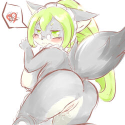 </3 1:1 4_fingers age_difference anthro anus areola ass big_breasts blush breasts eyewear female fingering glasses green_eyes green_hair hair hi_res kemono long_hair looking_at_viewer looking_back nipples nude older_female presenting presenting_hindquarters pussy pussy_juice raised_tail side_boob simple_background ukenya white_background