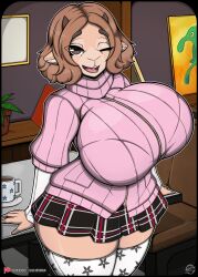 1girls 2020s 2024 2d 2d_(artwork) 5_fingers anthro anthro_only anthrofied big_breasts big_thighs bold_and_brash_(meme) breasts brown_eyes brown_hair cute ewe female female_focus female_only fur furry furry_female furry_only haru_okumura hi_res highres hips horizontal_pupils horns hourglass_figure huge_breasts indoors large_breasts large_thighs one_eye_closed persona sheep sheep_horns short_hair skirt slim_waist smile smiling solo solo_female solo_focus thick_thighs thighhighs thighs turtleneck_sweater wide_hips zak_hitsuji