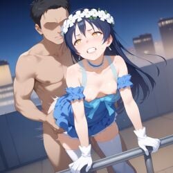 1boy ai_generated arm_support bangs bare_shoulders bent_over black_hair blue_dress blue_hair blush breasts breasts_out choker clenched_teeth clothed_female_nude_male clothed_sex collarbone dress drooling earrings female gloves hair_between_eyes head_wreath jewelry long_hair love_live! love_live!_school_idol_project nipples nude outdoors pussy_juice railing saliva sex sex_from_behind small_breasts solo_focus sonoda_umi standing standing_sex straight sweat teeth thighhighs umiaiart white_gloves yellow_eyes