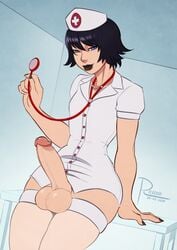 1boy androgynous balls black_hair black_nails crossdressing erection femboy femboy_nurse girly goth hung_trap lipstick looking_at_viewer male male_only nurse nurse_cap nurse_uniform penis rayzoir solo stethoscope stockings testicles thighhighs trap