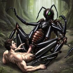 1boy 1girls ai_generated antennae_(anatomy) arthropod arthropod_abdomen bug cloaca cloaca_juice darkeffect female human human_penetrating insect insectophilia insects interspecies light-skinned_male male muscular muscular_male penetration penis penis_in_cloaca sex teratophilia