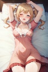 1girls ai_generated aimoonshine arms_up bangs barbara_(genshin_impact) bed bed_sheet blonde_hair blue_eyes blush breasts cleavage collarbone covered_navel dress drill_hair female female_only frills genshin_impact head_on_pillow indoors long_hair looking_at_viewer lying medium_breasts mihoyo nightgown on_back on_bed one_eye_closed open_mouth pillow short_sleeves sleepwear solo thighs twin_drills twintails waking_up white_bow