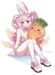 1girls alice_(nikke) alice_(wonderland_bunny)_(nikke) blush breasts bunny_ears bunnysuit cleavage female_only goddess_of_victory:_nikke on_floor open_mouth pink_eyes pink_hair plushie sitting twintails upper_teeth white_background