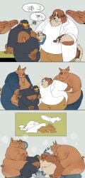 2025 absurd_res anthro balls belly big_belly bodily_fluids bottomwear brown_body canid canine canis clothing cum domestic_dog domestic_pig ejaculation genital_fluids genitals group hi_res kemono lactating male male/male male_lactation mammal moobs nipples overweight overweight_male pants penis quanjiang sex shirt small_penis suid suine sus_(pig) topwear visor