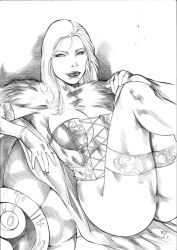 black_and_white bottomless bottomless_female breasts corset curvy curvy_female emma_frost female female_only hellfire_club hourglass_figure marvel marvel_comics matheushenrique_(artist) pussy pussy_peek traditional_art traditional_media_(artwork) vagina white_queen x-men