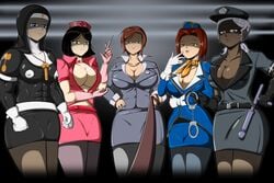 5girls black_hair blue_eyes breasts brown_hair busty cap cleavage clothed clothing dark-skinned_female dark_skin female female_only femdom flight_attendant gloves green_eyes grey_hair handcuffs hat huge_breasts human leash leashed_pov looking_down multiple_doms multiple_girls neocorona nun nun's_habit nurse nurse_cap nurse_uniform pink_eyes pink_gloves police_baton police_hat police_uniform policewoman pov red_hair short_hair standing stewardess stewardess_uniform submissive_pov syringe uniform voluptuous white_gloves