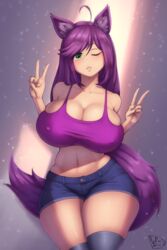 1girls animal_ears blush bra breasts cleavage coffeeslice erect_nipples erect_nipples_under_clothes female female_only green_eyes huge_breasts large_breasts long_hair nipple_bulge one_eye_closed puckered_lips purple_hair shirt shorts solo tail thick_thighs thighhighs thighs toned v voluptuous wide_hips wink