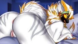 anthro anus before_sex breasts dirty_fox_games furry juno_(my_furry_protogen) large_breasts looking_back lying_on_bed my_furry_protogen my_furry_protogen_2 nipples orange_fur orange_highlights pierced_ears piercing protogen pussy tagme video_games white_fur