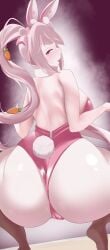 1girls alice_(nikke) alice_(wonderland_bunny)_(nikke) ass ass_focus bunny_ears bunny_tail bunnysuit cameltoe female_only goddess_of_victory:_nikke huge_ass open_mouth pink_eyes sideboob simple_background squatting tongue_out twintails white_hair